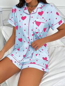 SHEIN Heart Print Lapel Open Front Short Sleeve Shorts Ribbed Pajama Set - Blue - View 4