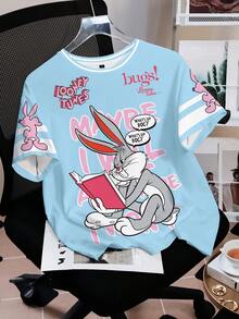 LOONEY TUNES X SHEIN 女士圆领卡通字母印花休闲百搭日常短袖T恤 - 白色 - 查看 3