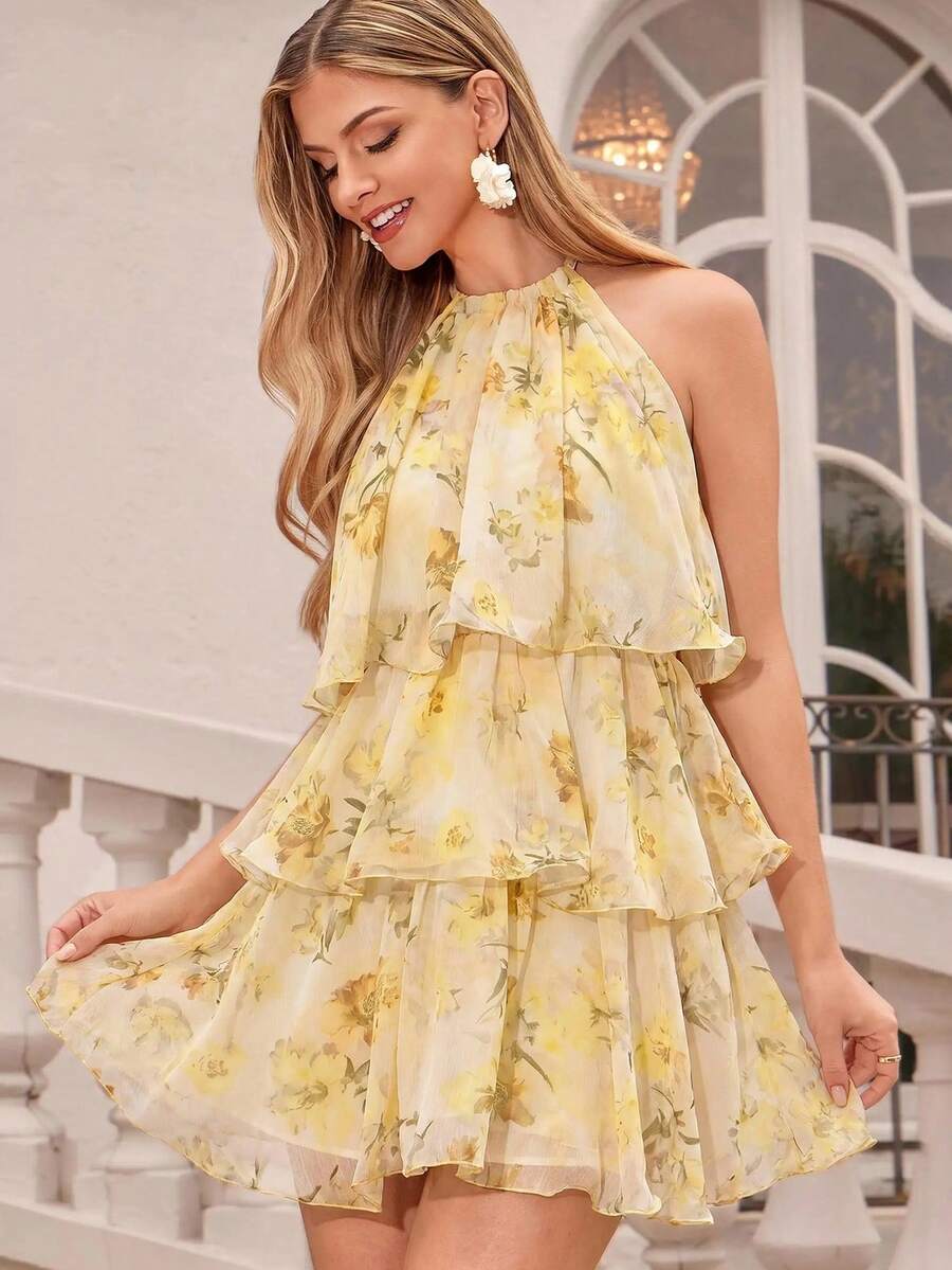 Amorya Summer Elegant Flowy Women's Floral Print Metal Accessory Decorated Multi-Layered Cake Tier Ruffle Short Dress, Wedding Guest Vacation Outfit - Yellow - View 1