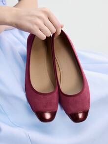 CUCCOO BIZCHIC Zapatos de mujer primavera y otoño con empalme, punta cuadrada, suela plana, zapatos de ante simples para ir al trabajo y de compras - Burdeos - Ver 7
