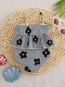 SHEIN Baby Girl Metal Shell Decor Floral Print Striped Color Block Cami One-Piece Swimsuit - Multicolor - View 2