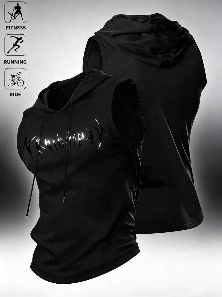 Gym Rark Men's Gothic Letter Print Drawstring Hooded Sports Tank Top, Gym - Black - View 1