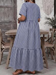 EMERY ROSE Gaun Kasual Musim Panas Wanita Ukuran Besar Motif Gingham Leher V Lengan Pendek dengan Hem Berkerut, Biru dan Putih, Boho, Liburan, Hari Ibu, Pakaian Konser Country Barat - Biru - View 2