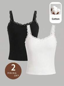 SHEIN Teen Girl Ribbed Knit Patchwork Lace Trim Camisole Tank Top 2pcs Set - Multicolor - View 6