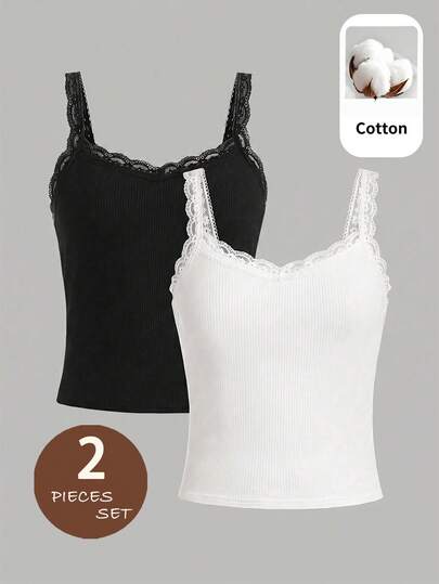 SHEIN Bộ 2 áo hai dây tank top cho nữ thiếu niên, dệt gân, phối patchwork, viền ren