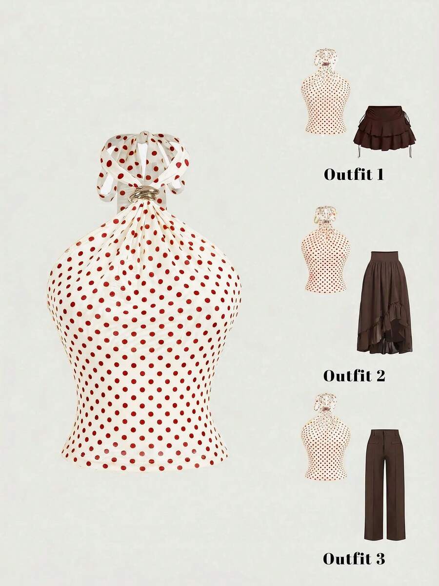 SHEIN MOD 女款掛脖無袖金屬鈕扣波點背心上衣 - 紅白色 - 查看 1