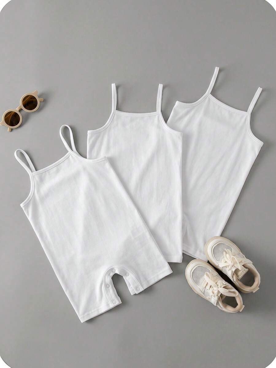 SHEIN Babygirl Summer Cute Simple Solid Color Elastic Strap Romper 3pcs Set - White - View 1
