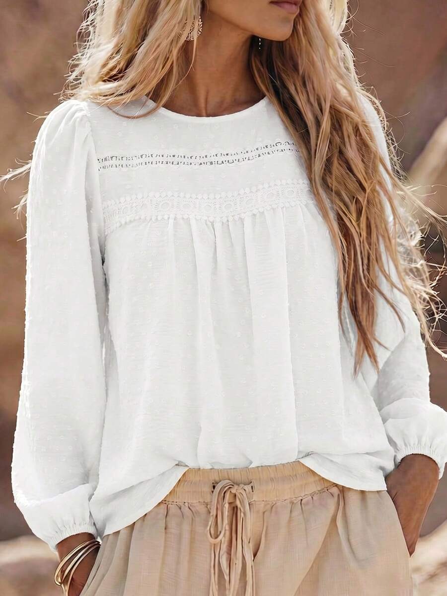 SHEIN Holidaya Women's Casual And Elegant Minimalist Textured Fabric Round Neck Long Sleeve Blouse,Fall And Spring Vcation T-Shirt