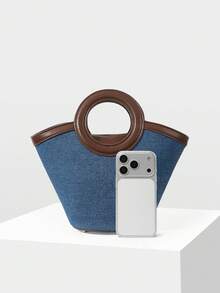 MOTF PREMIUM WOMEN'S FASHION RETRO BLUE SHOULDER BAG, CASUAL SIMPLE CONTRASTING HANDBAG, FAN SHAPE, ROUND HANDLE, SUITABLE FOR DAILY LIFE, DATING, SHOPPING, VACATION, TRAVEL - Blue coffee - View 5