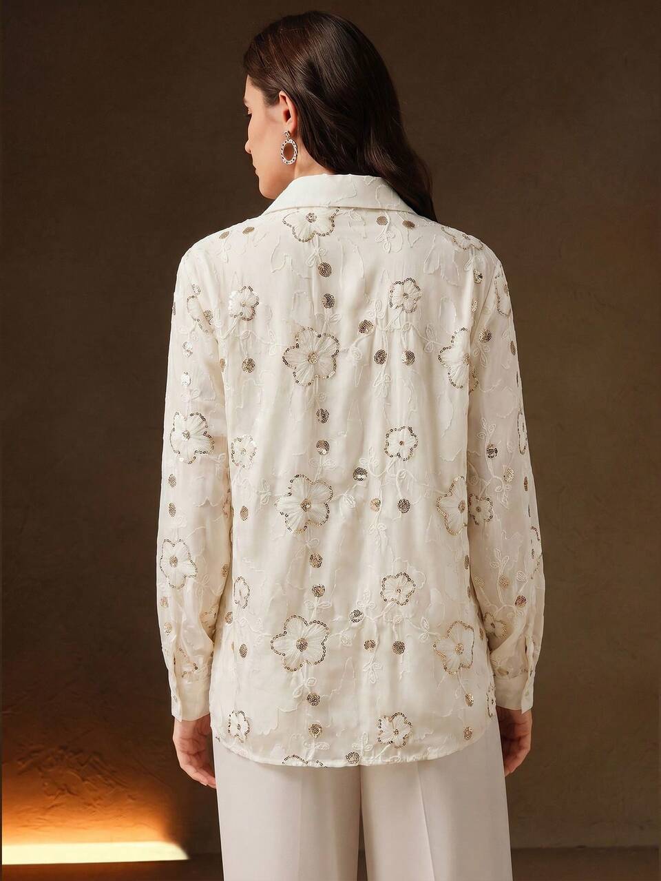 Anewsta Romantic Elegant Sequins Embroidered Collar Long Sleeve Fitted Casual Work Dinner Date Day Party Gentle Lady Shirt Wedding Off-White Autumn