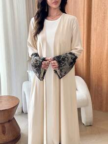Yasmyna Loose Fit Black Lace Patchwork Daily Women's Arabic Abaya - Apricot - View 4