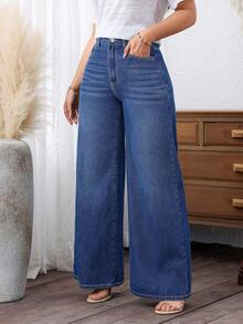 EMERY ROSE Cowgirl Plus Size Women's Spring Blue Non-Stretch Loose Wide Leg Jeans , Spring For Women - Medium Wash - View 4