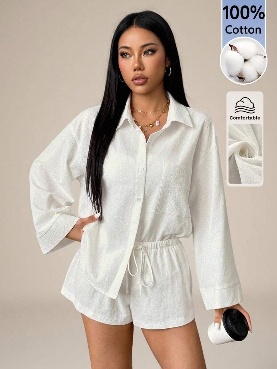 SHEIN PETITE 女款夏季新款休閒度假白色編織襯衫短褲套裝 舒適兩件組 - 白色 - 查看 1