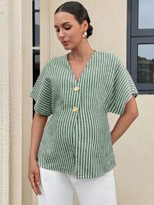 MaterniWear 孕婦條紋蝙蝠袖短袖單排扣休閒襯衫 - 綠色 - 查看 9