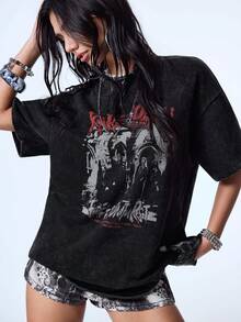 Y2Kool Charcoal Gray Washed Distressed Cotton Blend Vintage Band Portrait Gothic Y2K Streetwear Women's Oversize Short Sleeve T-Shirt Summer - Black - View 3