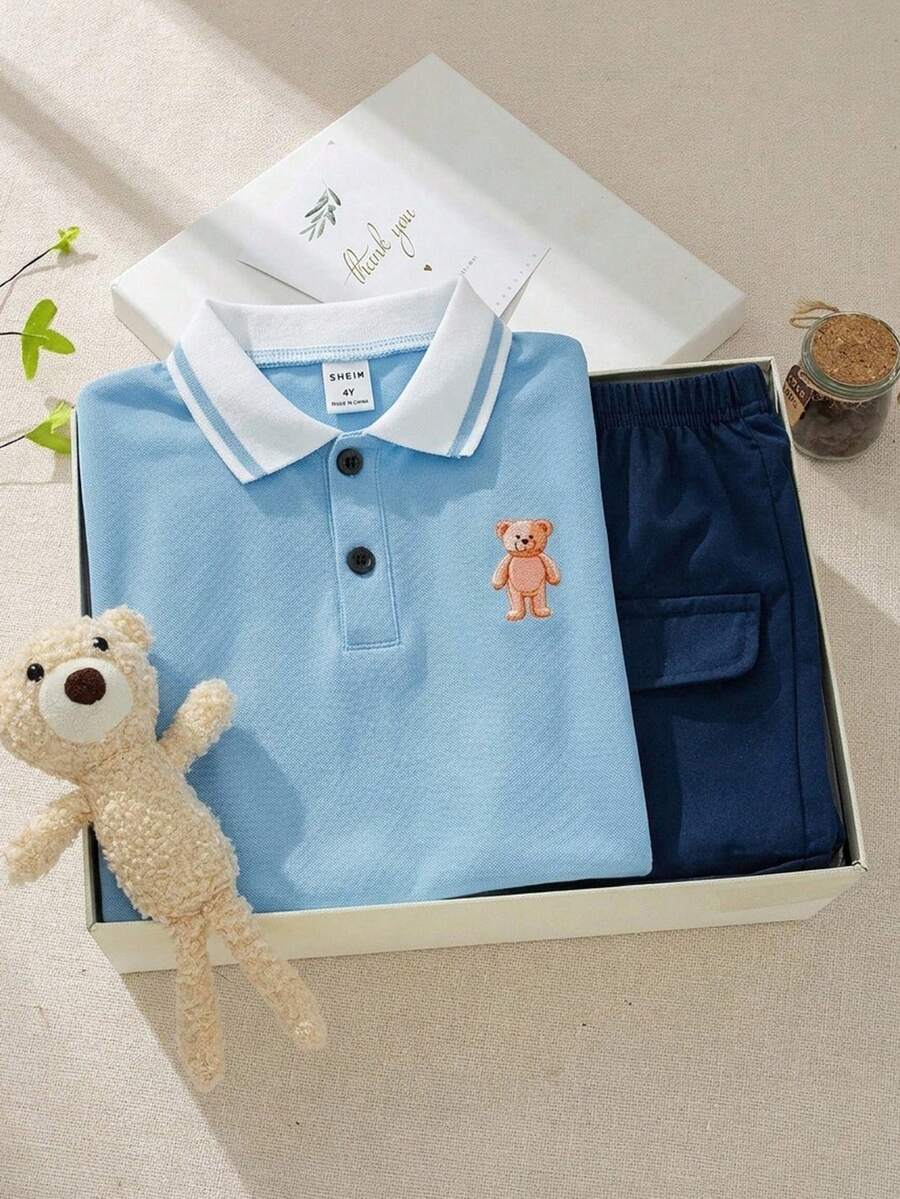 2件組兒童小男孩休閒可愛百搭卡通熊POLO衫藍色短褲針織套裝,適合學校、花園、海灘、生日,適用春、夏、秋、冬 - 彩色 - 查看 1