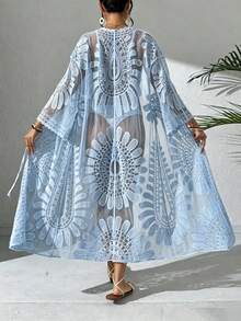 Swim Vcay 女款度假刺繡網紗前綁帶和服式罩衫 - 霧霾藍 - 查看 2
