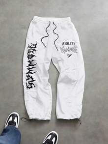 GymBeat Men's Casual Sports Drawstring Waist Slogan Print Long Pants - Black - View 5