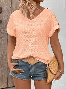 EMERY ROSE Camiseta de mujer nueva primavera/verano casual de cuello en V, manga corta con puño enrollado, botones en los hombros, color de contraste, talla grande - Naranja - Ver 3