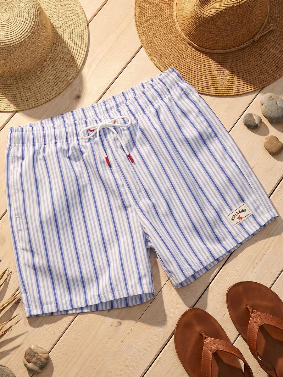 Manfinity VDAYZ Men's Summer Vacation Striped Drawstring Waist Slanted Pocket Beach Shorts, Holiday