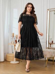 Modelyn Black Lace Short Sleeve Urban Sexy Elegant French Romantic Fitted Bodycon Plus Size Women's Dress - Black - View 6
