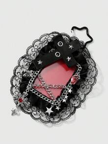 ROMWE 1 Spice Girl Heavy Industries Gothic Black And Red Leather Air Eye Rivets Rhinestone Cross Simulation Heart Chain Lace Lace Card Keychain Bag Pendant - Black and red-13 - View 8