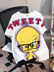 LOONEY TUNES X SHEIN 加大码圆领短袖可爱图案夏季T恤，X - 白色 - 查看 3