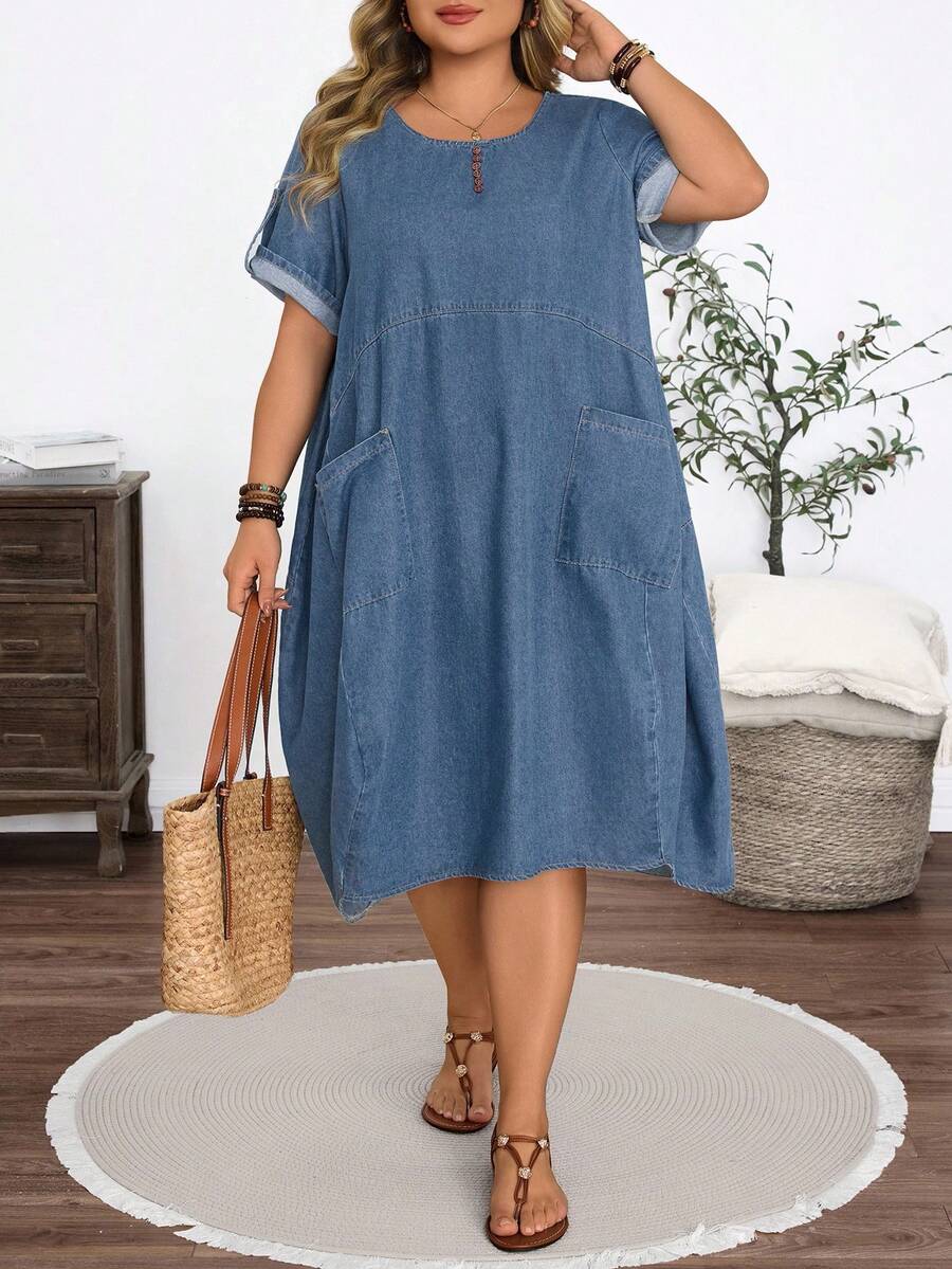 EMERY ROSE Vestido de mezclilla con bolsillos de verano para mujer talla grande - Azul lavado oscuro - Ver 1