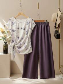 Lacomfia Casual Elegant 90s Floral Print Round Neck Batwing Sleeve Side Tie Fitted Shirt Solid Color Elastic Waist Wide Leg Pants Summer Plus Size 2pcs Set - Multicolor - View 1
