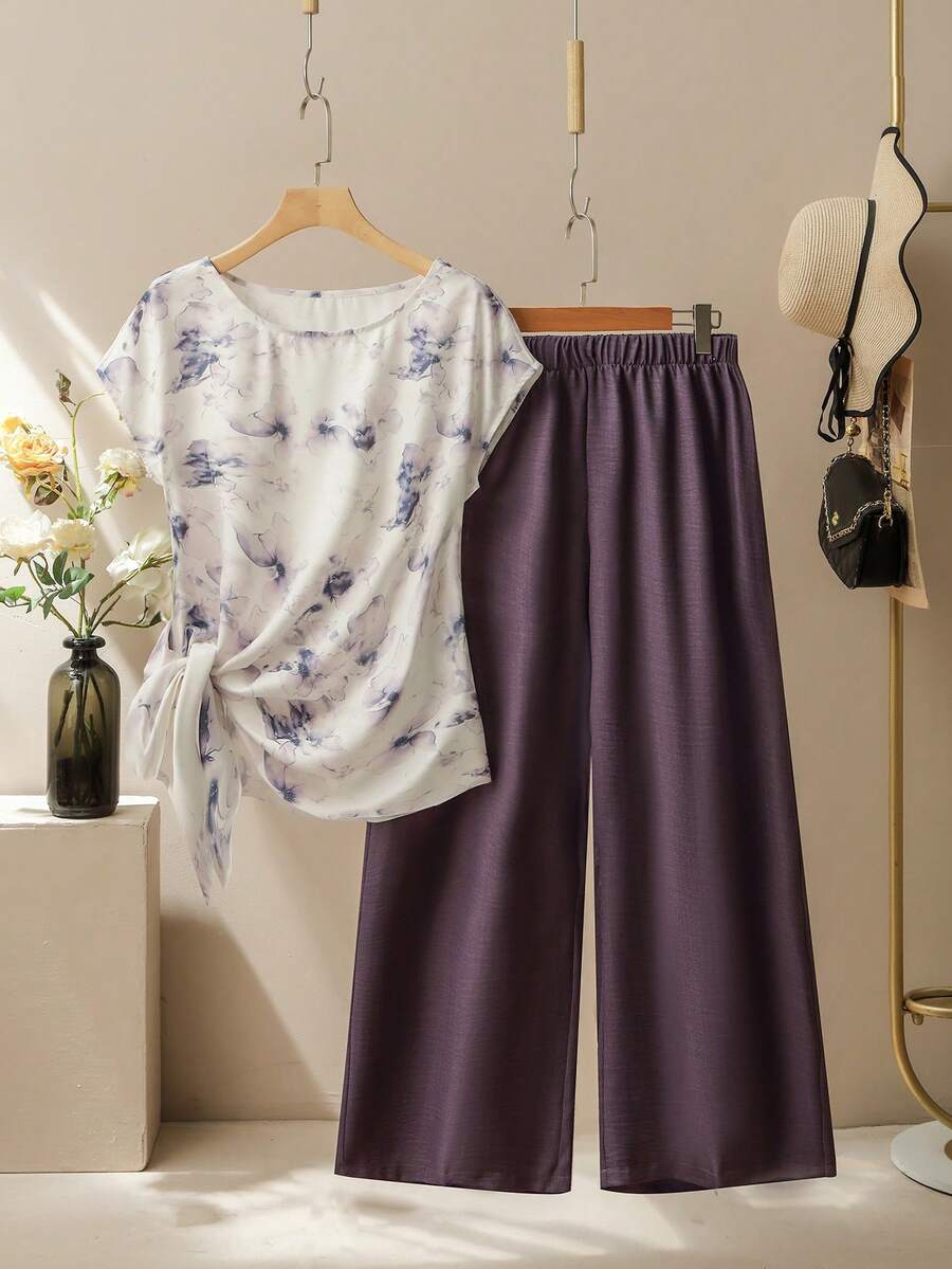 Lacomfia Casual Elegant 90s Floral Print Round Neck Batwing Sleeve Side Tie Fitted Shirt Solid Color Elastic Waist Wide Leg Pants Summer Plus Size 2pcs Set - Multicolor - View 1