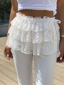FRIFUL Women's Ruffle Layered Lace Mesh Tie Bow Flounce Hem Versatile Skirt, Women Beach Vacation Clothing Fall - White - View 7
