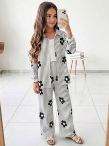 SHEIN 少女三件套：条纹长袖衬衫、印花长裤和吊带背心，适合春秋季穿着 - 黑與白 - 查看 8