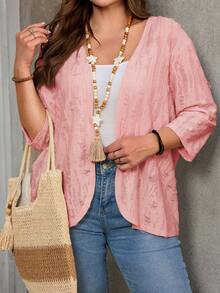 EMERY ROSE Conjunto de vacaciones talla grande para mujer, chaqueta casual de resort con unicolor y dobladillo asimétrico - Rosa - Ver 4