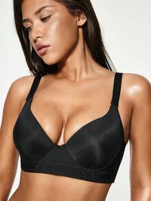 SHAPORA 1 件女士舒适纯色低胸带钢圈文胸 - 黑色 - 查看 7
