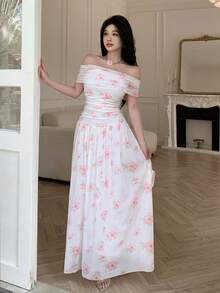 Modelyn Floral Pattern Off-Shoulder Cinched Waist Fitted Midi Dress For Women - Pink - View 5