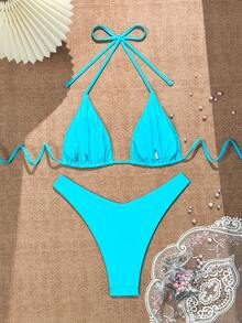 Swim Vcay Women's Summer Beach Solid Color Halter Neck Two-Piece Bikini Set, With Random Print - Blue - View 3