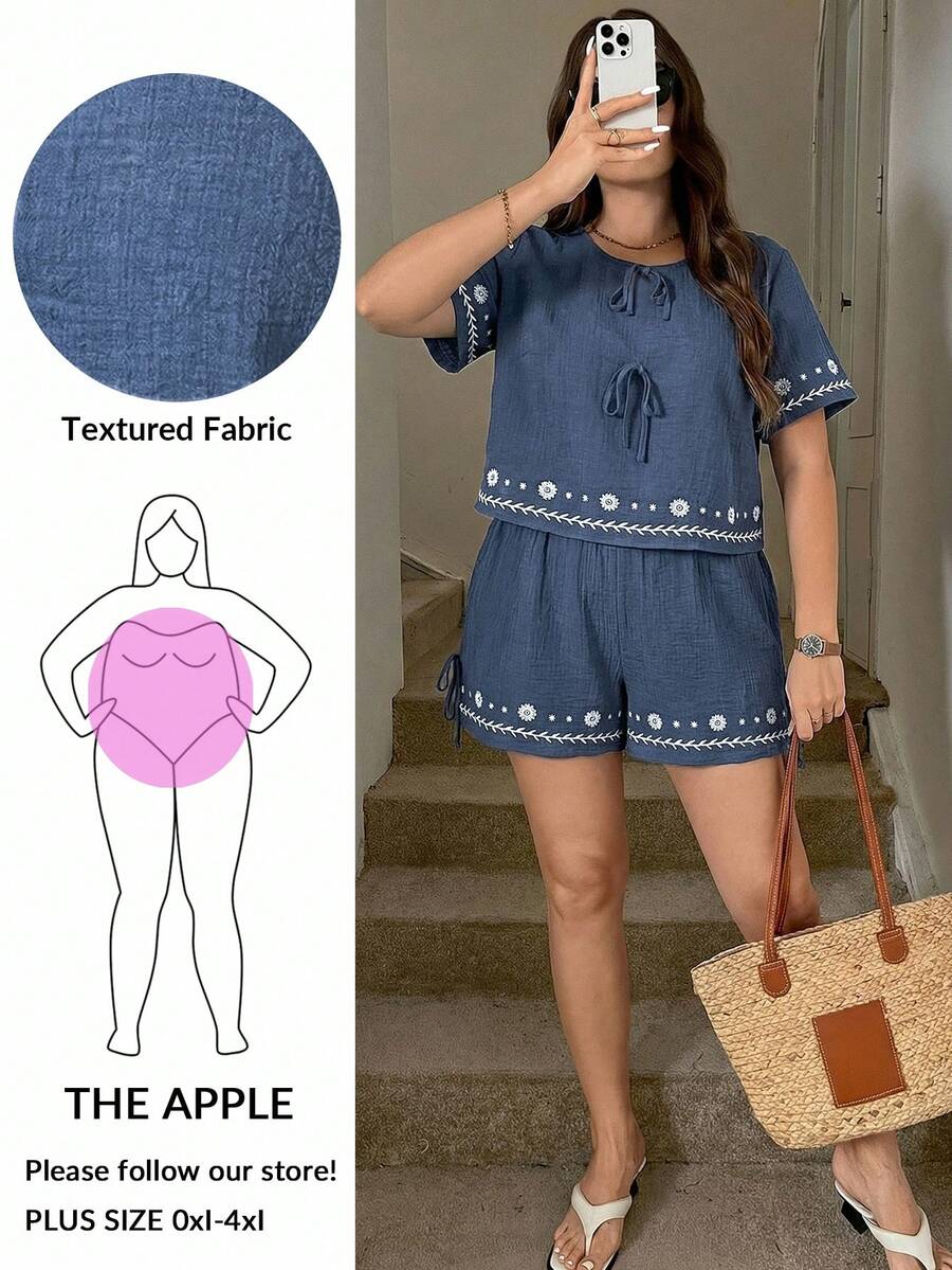 Easowa Curve 大码女式格子印花返校套装,女士前系带衬衫,商务休闲,适合曲线身材,搭配短裤,返校季两件套,秋季女装,复古富贵风格 - 藏蓝色 - 查看 1