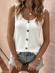 SHEIN LUNE Women's Solid Color Button Design Round Neck Casual Versatile Tank Top - White - View 4