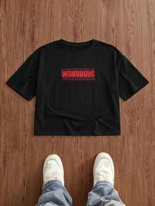 SWAVVY Loose Men's Elastic Knit T-Shirt With Slogan Print - Black - View 2