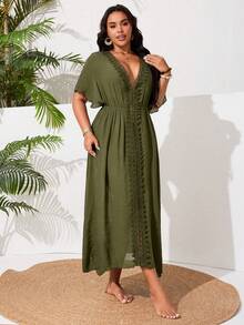 Swim Vcay Plus Size Women's One-Piece Side Slit Lace Patchwork Sexy Casual Vacation Beach Dress - Army Green - View 4