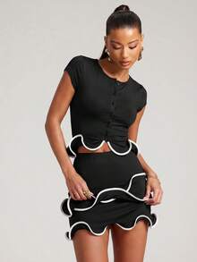 NYA SZN Matching Set Top And Skirt Mini Length Short Sleeve Button Front Wire Hem Baby Shower Special Event Summer Yellow Outfits For Women - Black and White - View 4