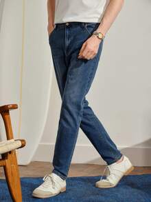 VeloEdit Dark Wash Blue Men Slant Pocket Straight Leg Jeans Without Belt, Plain Long Washed Cargo Going Out Hang Commute Work Urban Old Money Summer Vacation - Dark Wash - View 6