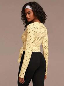 Athîral Women's Polka Dot Print Side Knot Sports T-Shirt - Yellow - View 3