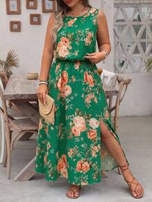 SHEIN LUNE Fresh Sweet Summer Lady Floral Print Elegant Fashion Sleeveless Plus Size Dress - Dark Green - View 3