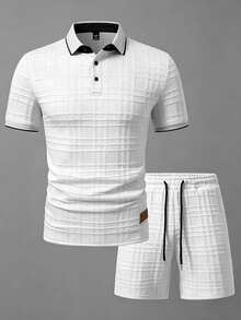 Manfinity Homme Men's Knitted Jacquard Solid Color Textured Ribbed Collar 3-Button Polo Set - White - View 4