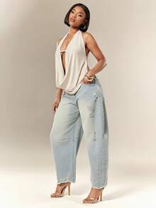 Denimoi Women's Pocket Distressed Casual Tapered Jeans - Light Wash - View 3