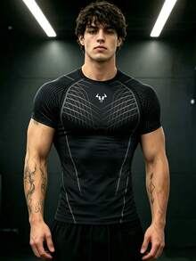 Gym Rark Kaos Olahraga Pria Lengan Pendek Raglan Leher Bulat dengan Garis Putus-putus - Hitam - View 5