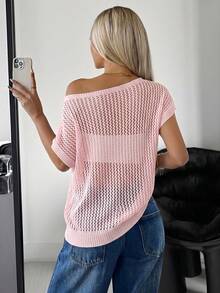 SHEIN EZwear 女士休闲沙滩度假纯色不对称领蝙蝠袖短袖透视开襟针织上衣 - 淺粉色 - 查看 2