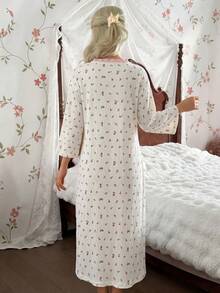 CottageSlumber Ditsy Floral Frill Trim Kimono Style Tie Front Robe - Apricot - View 2