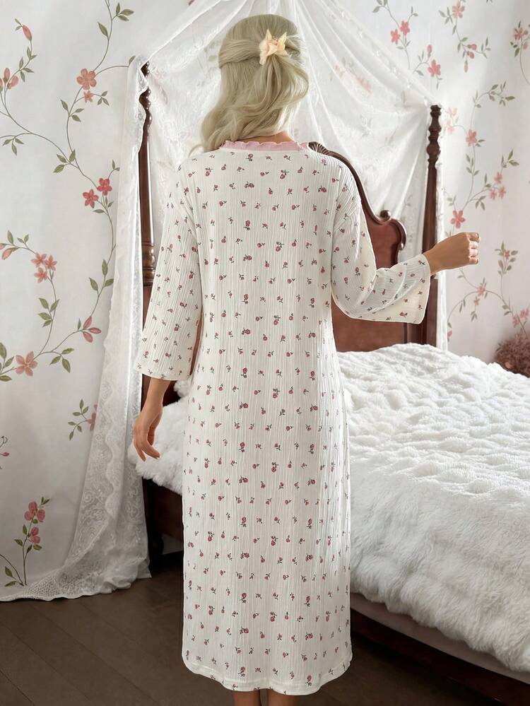 CottageSlumber Áo choàng kiểu kimono thắt nơ trước, viền bèo, họa tiết hoa nhỏ - Màu be - Xem 2